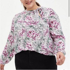 Torrid Georgette Bow Tie Pink and White Floral Long Sleeve Blouse - Size 1X